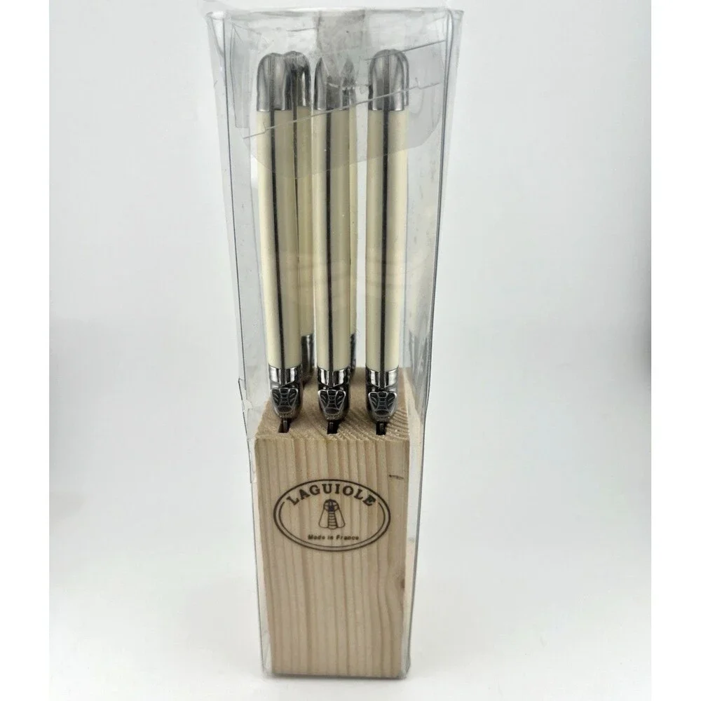 Laguiole Jean Dubost Steak Knife Set 6 France Ivory Handle & Bee Thumb Grip